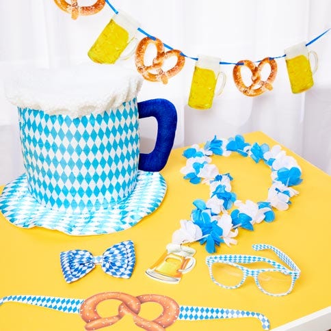 Oktoberfest themed hats, leis and glasses.