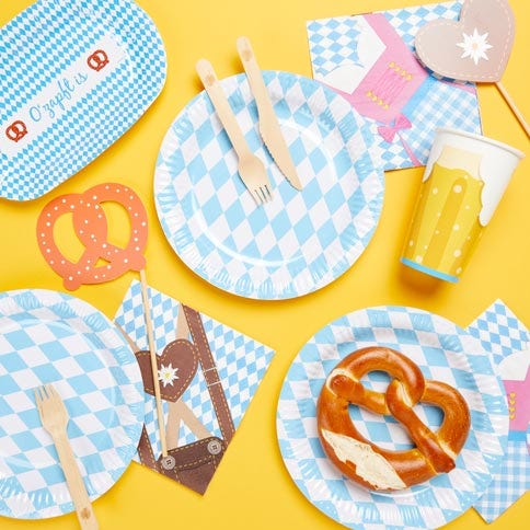 Oktoberfest themed plates, cups and napkins.