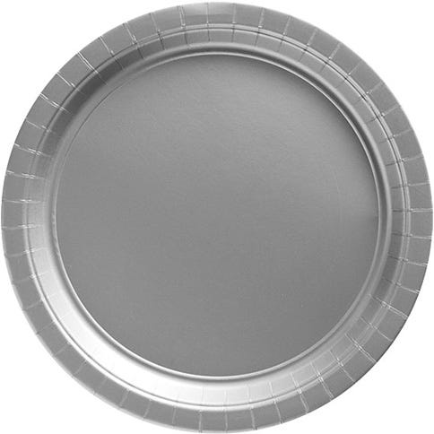 A silver paper plate