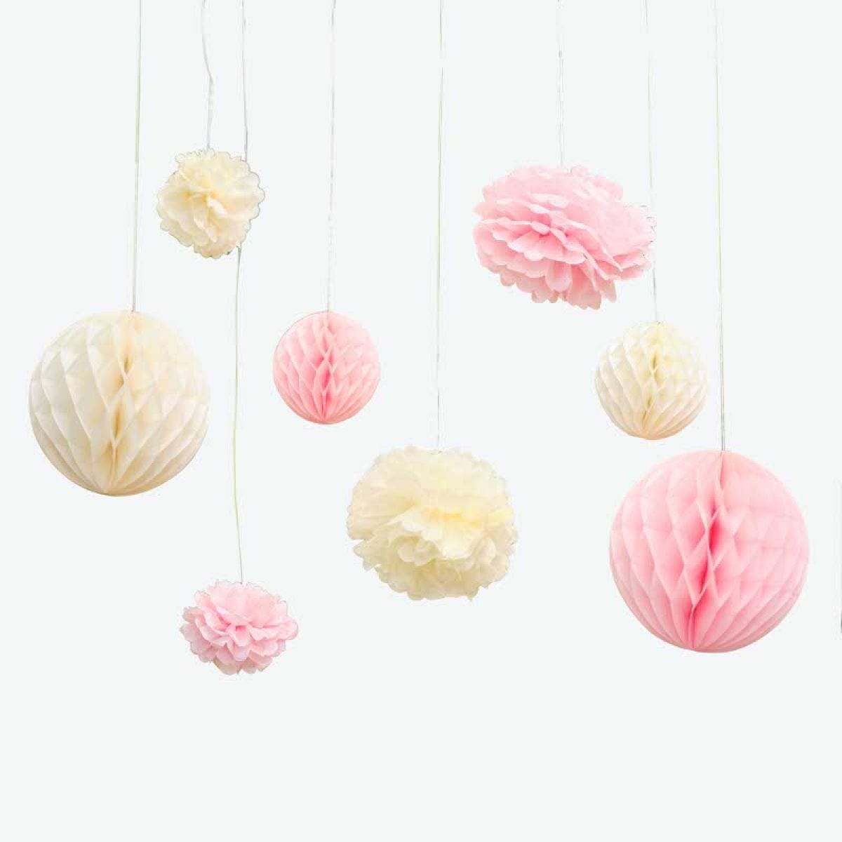 Pom Pom & Honeycomb Paper Hanging Decorations (8pk)