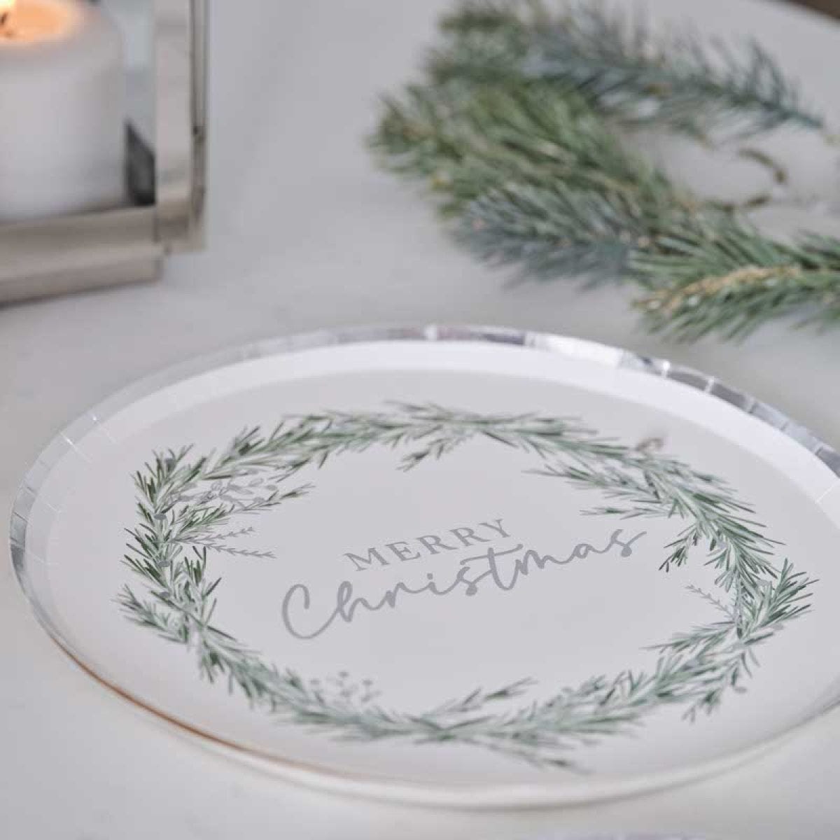 Silver Wreath Merry Christmas Paper Plates - 25cm (8pk)