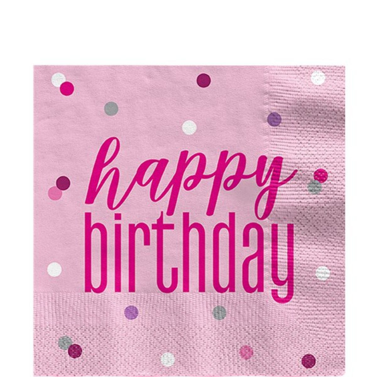 Pink Glitz Happy Birthday Paper Napkins - 33cm