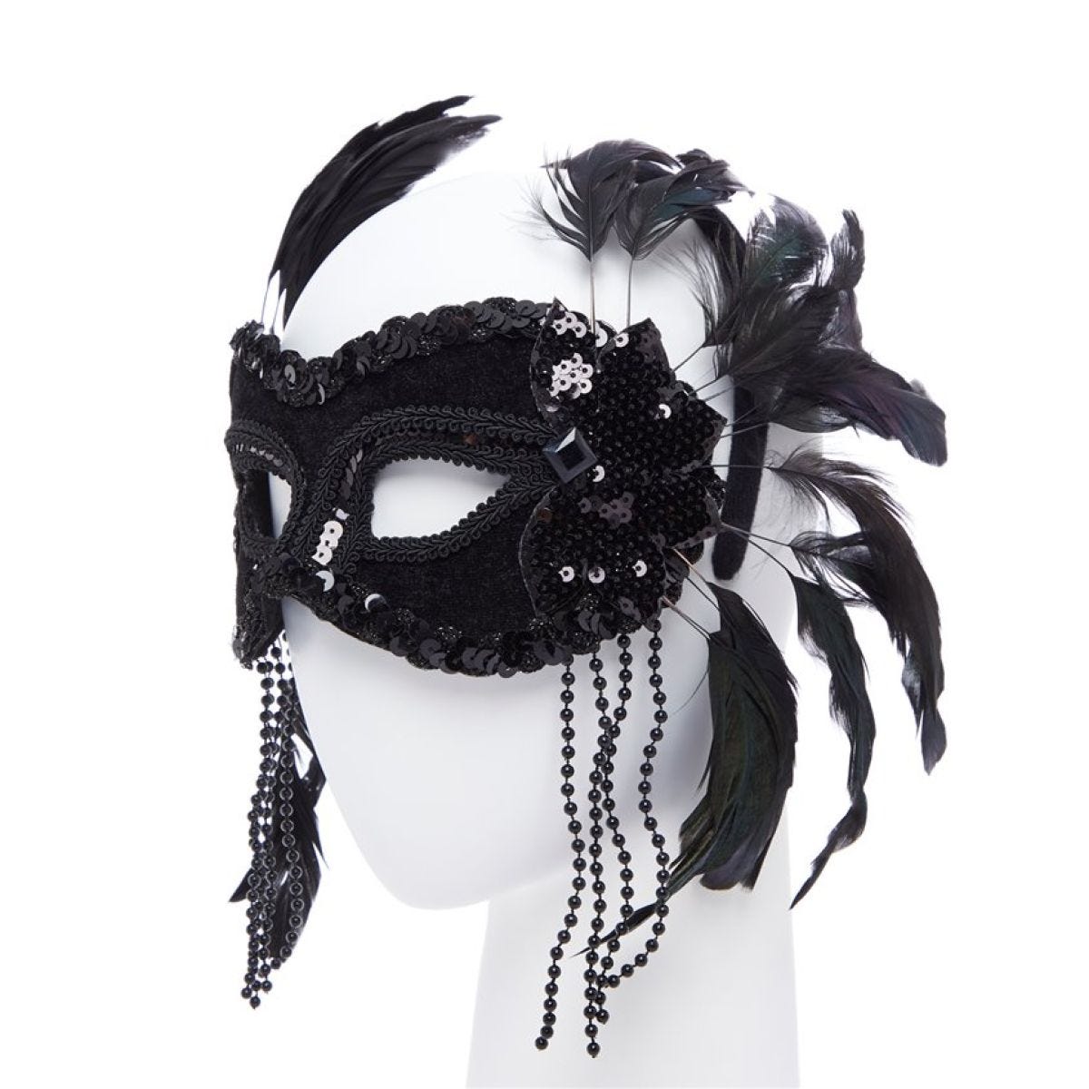 Black Masquerade Mask with Feathers & Beads