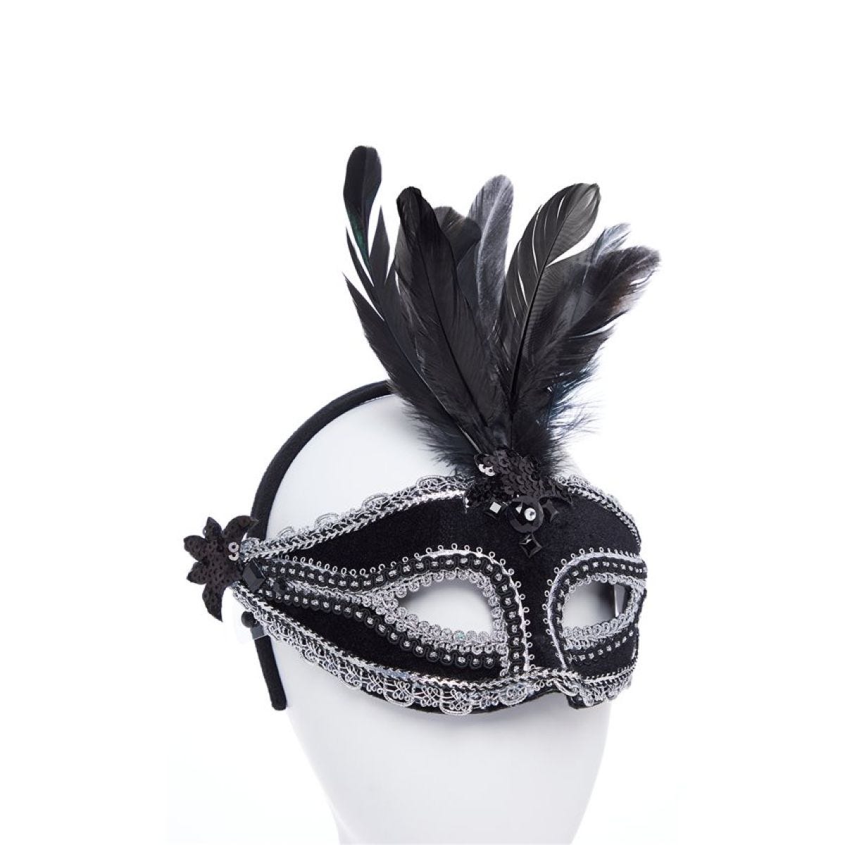 Black Velvet Masquerade Mask with Feathers