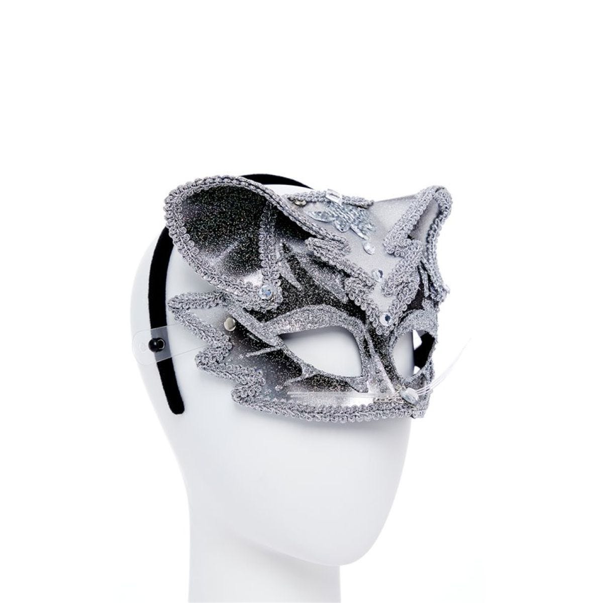 Silver & Black Jewelled Cat Masquerade Mask