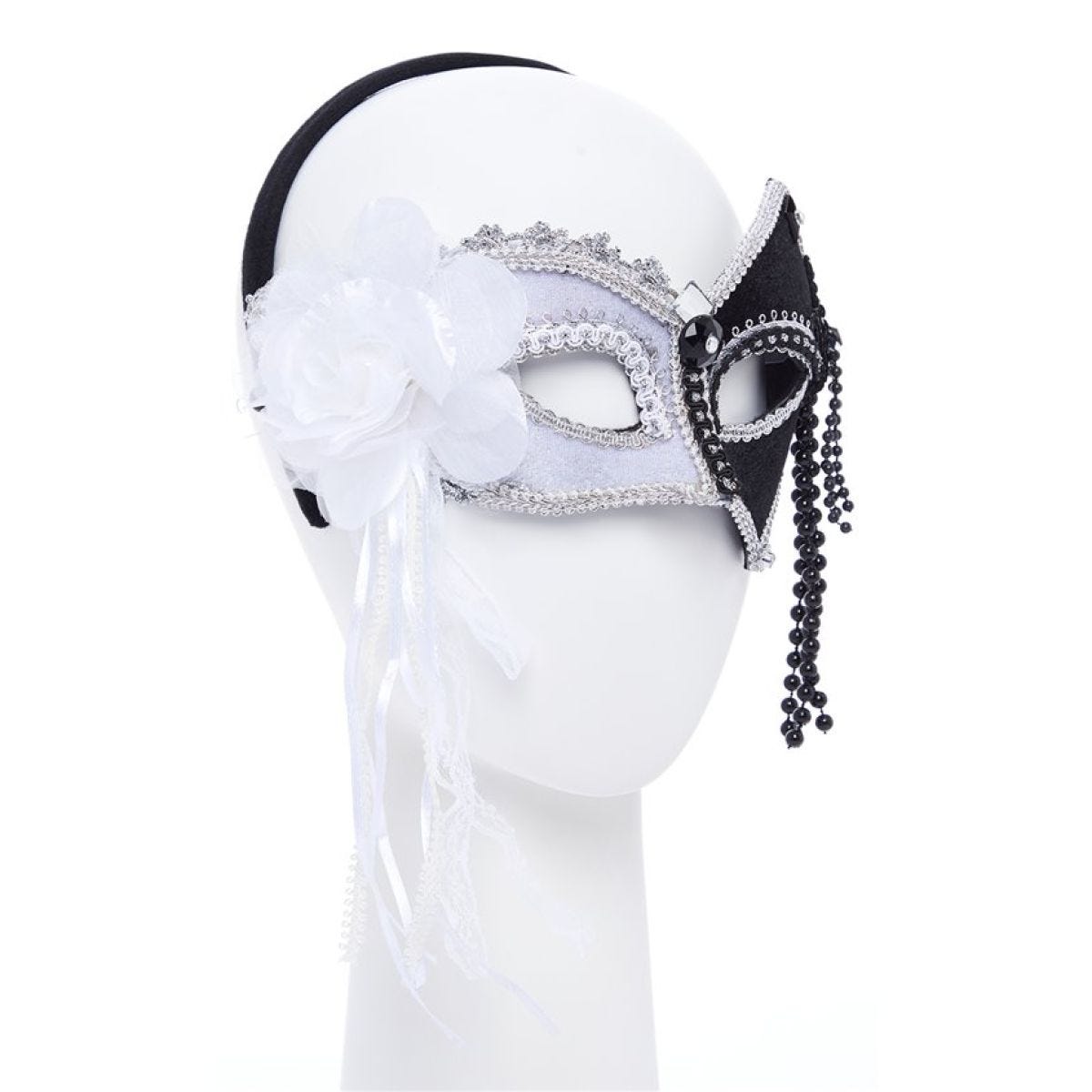 Black & White Masquerade Mask with Feathers & Beads