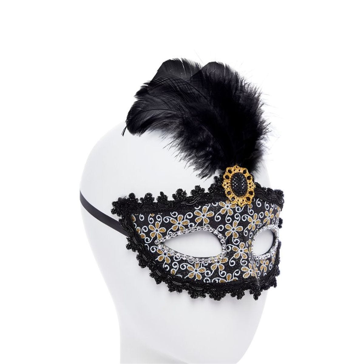 Black Glittery Masquerade Mask with Tall Feather & Gem