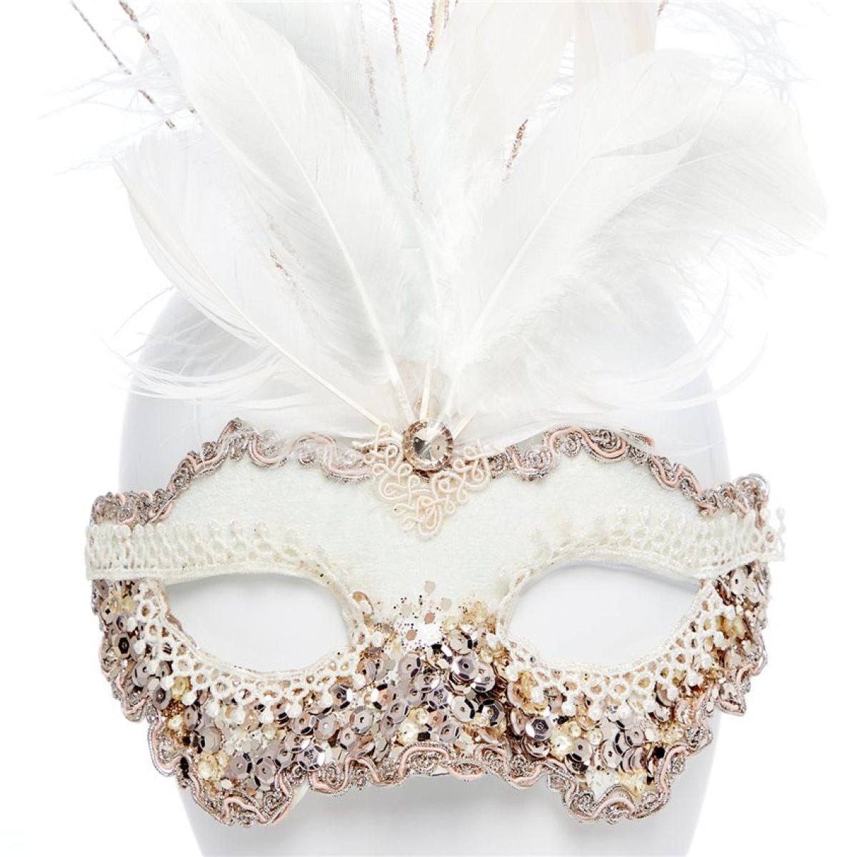 White Masquerade Mask with Sequins, Glitter & Feathers