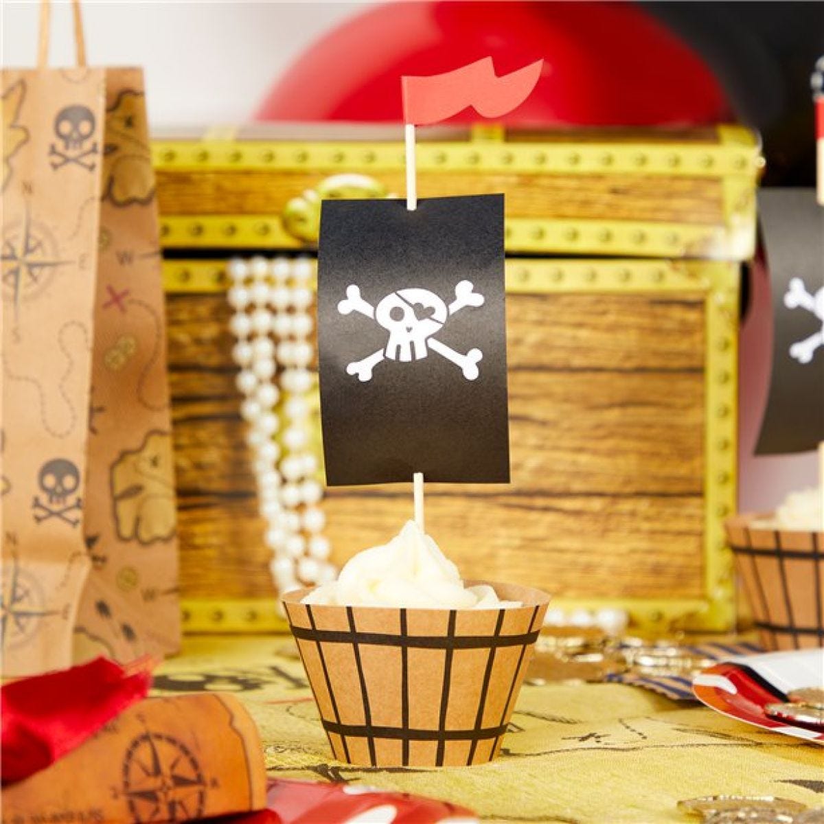 Pirate &apos;Flag and Barrel&apos; Cupcake Wraps and Picks (6pk)