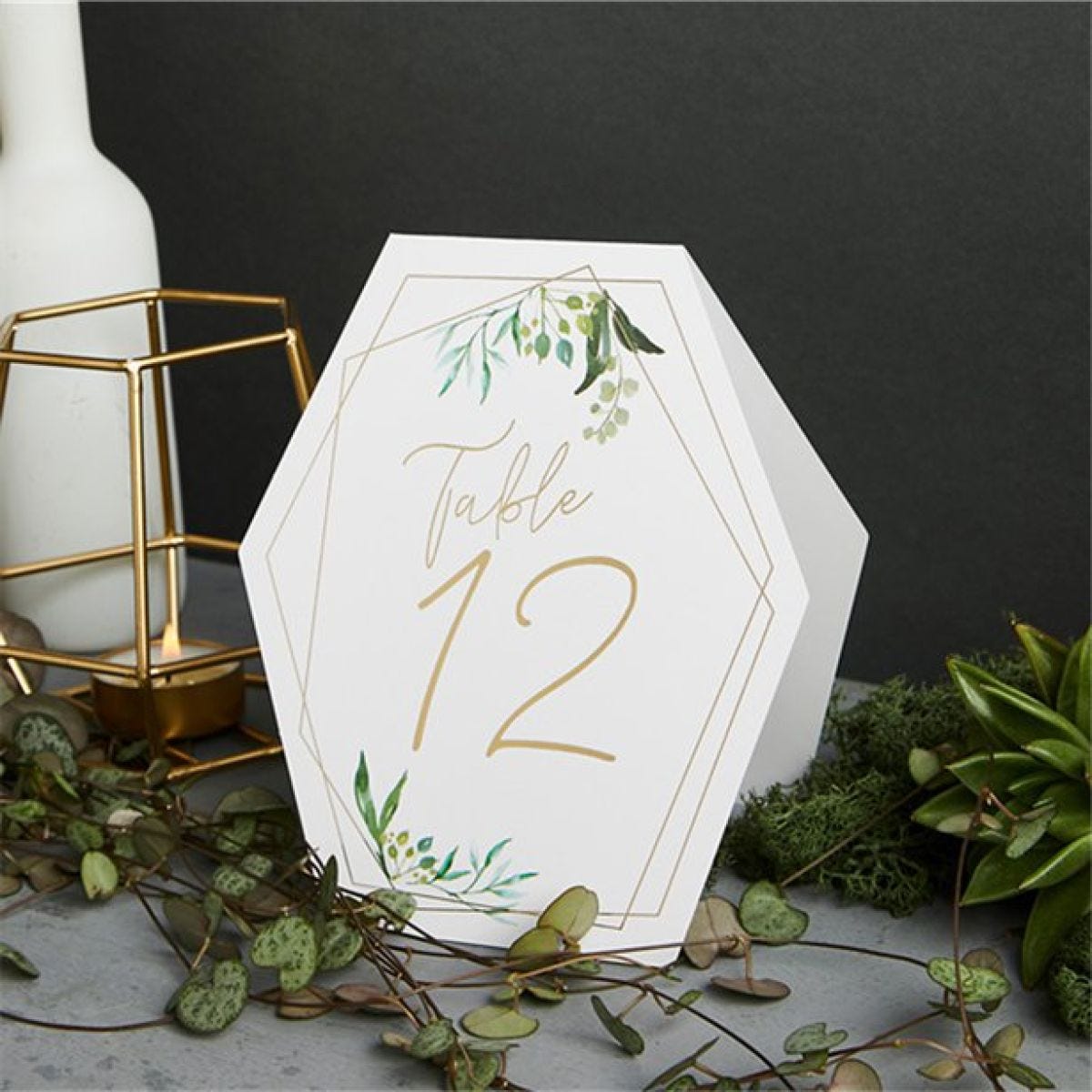 Geometric Greenery Wedding Table Numbers 1-12 (12pk)