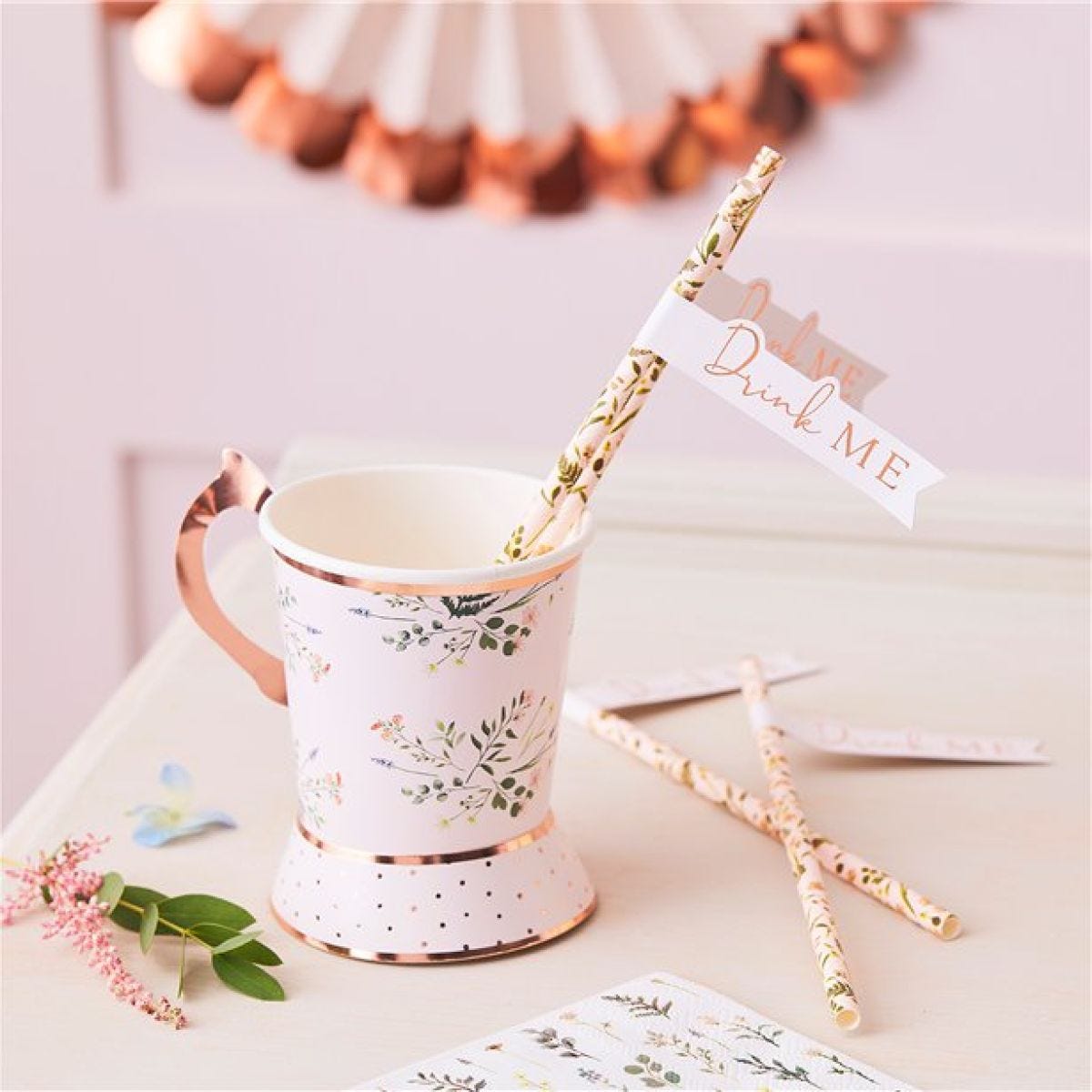 Rose Gold Floral Straws (20pk)