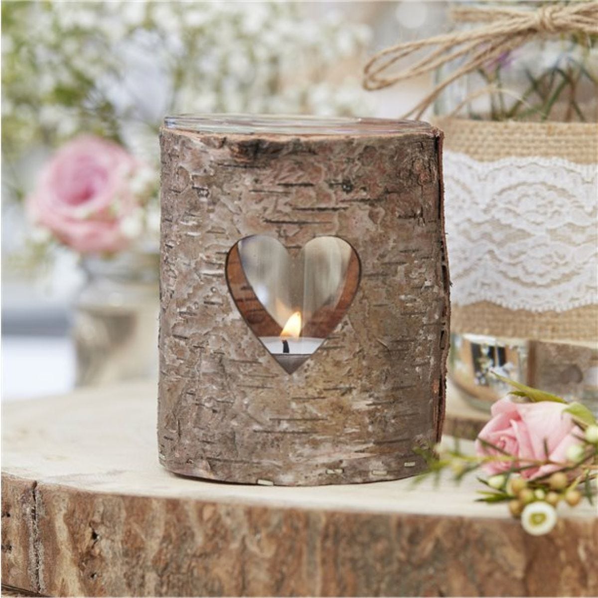 Rustic Country Glass & Wooden Heart Tealight Holder - 9cm