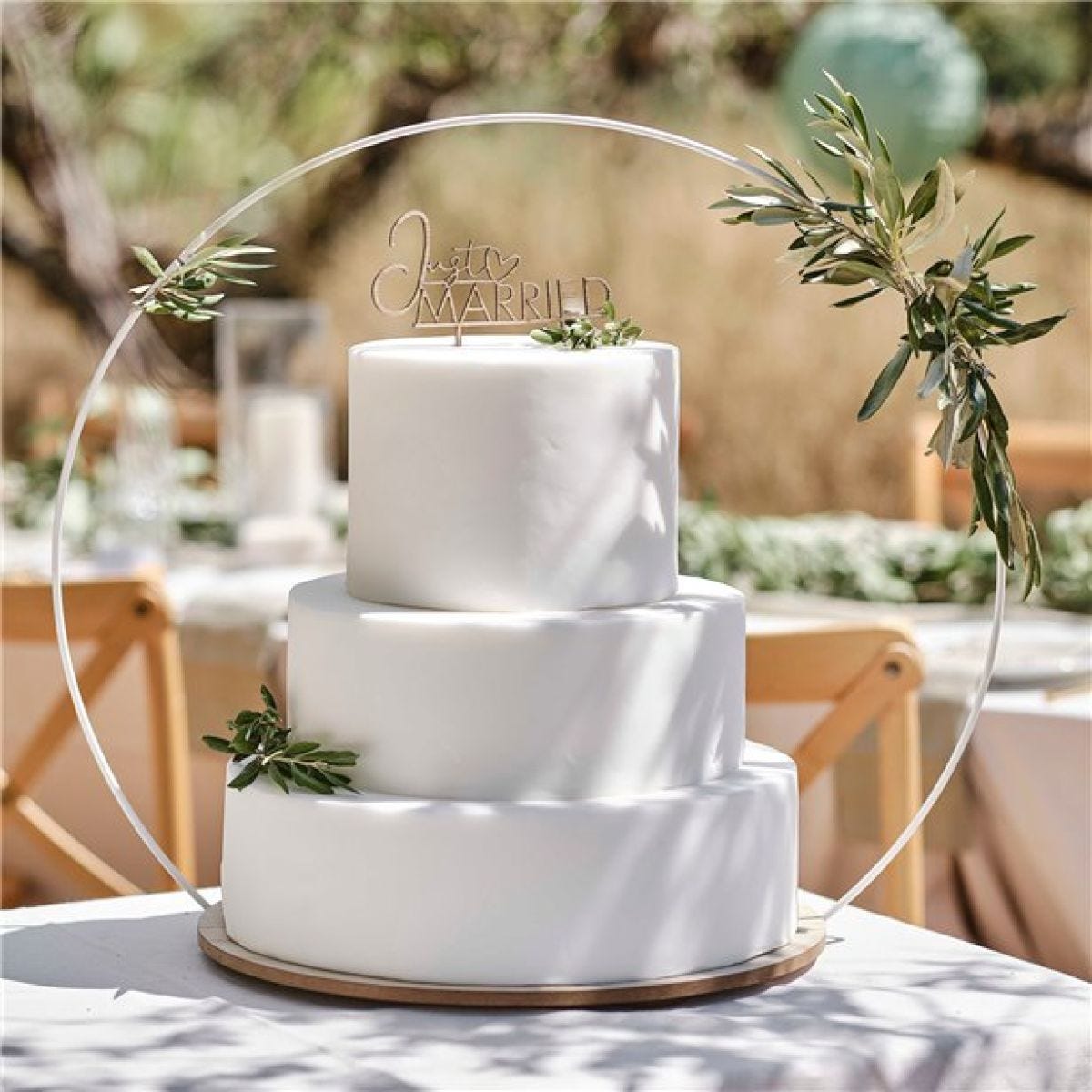 Secret Garden Wooden Cake Stand with White Metal Hoop