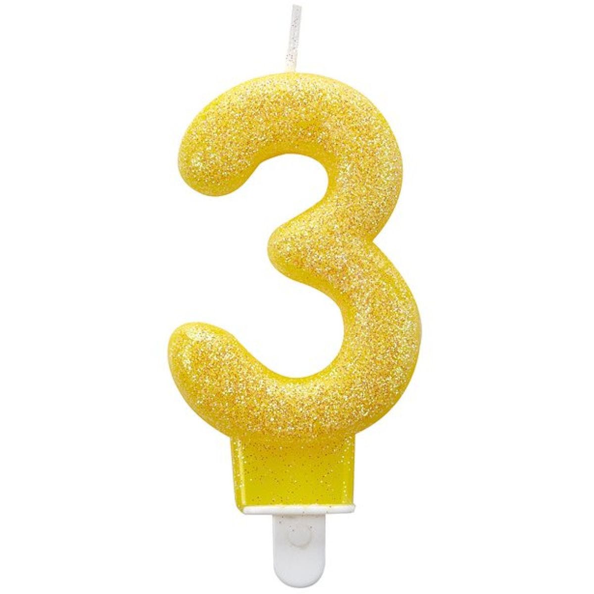 Yellow Glitter Number 3 Candle - 7.5cm