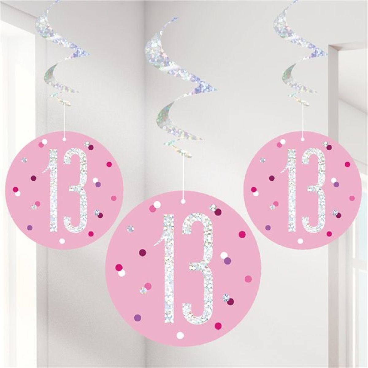 Pink Birthday Glitz Age 13 Hanging Swirls - 80cm (6pk)