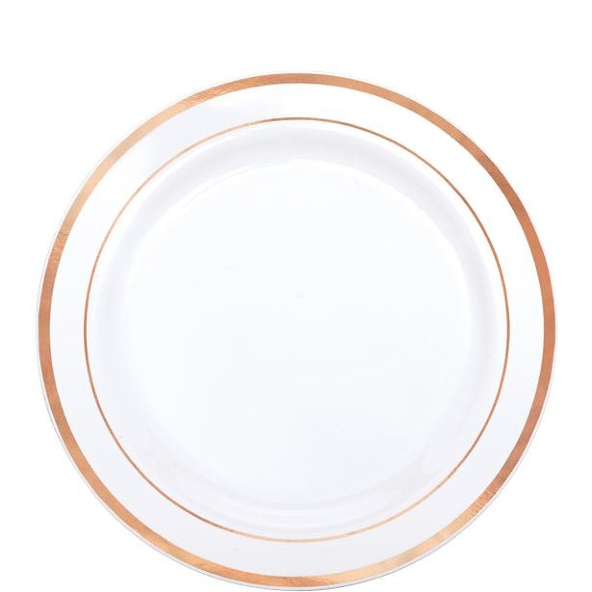 Premium White with Rose Gold Trim Plastic Dessert Plates - 19cm (20pk)