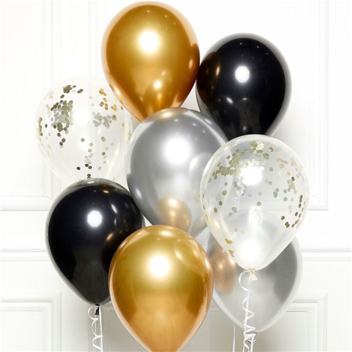 Black Gold & Silver Balloons with Ribbon - 11" Latex