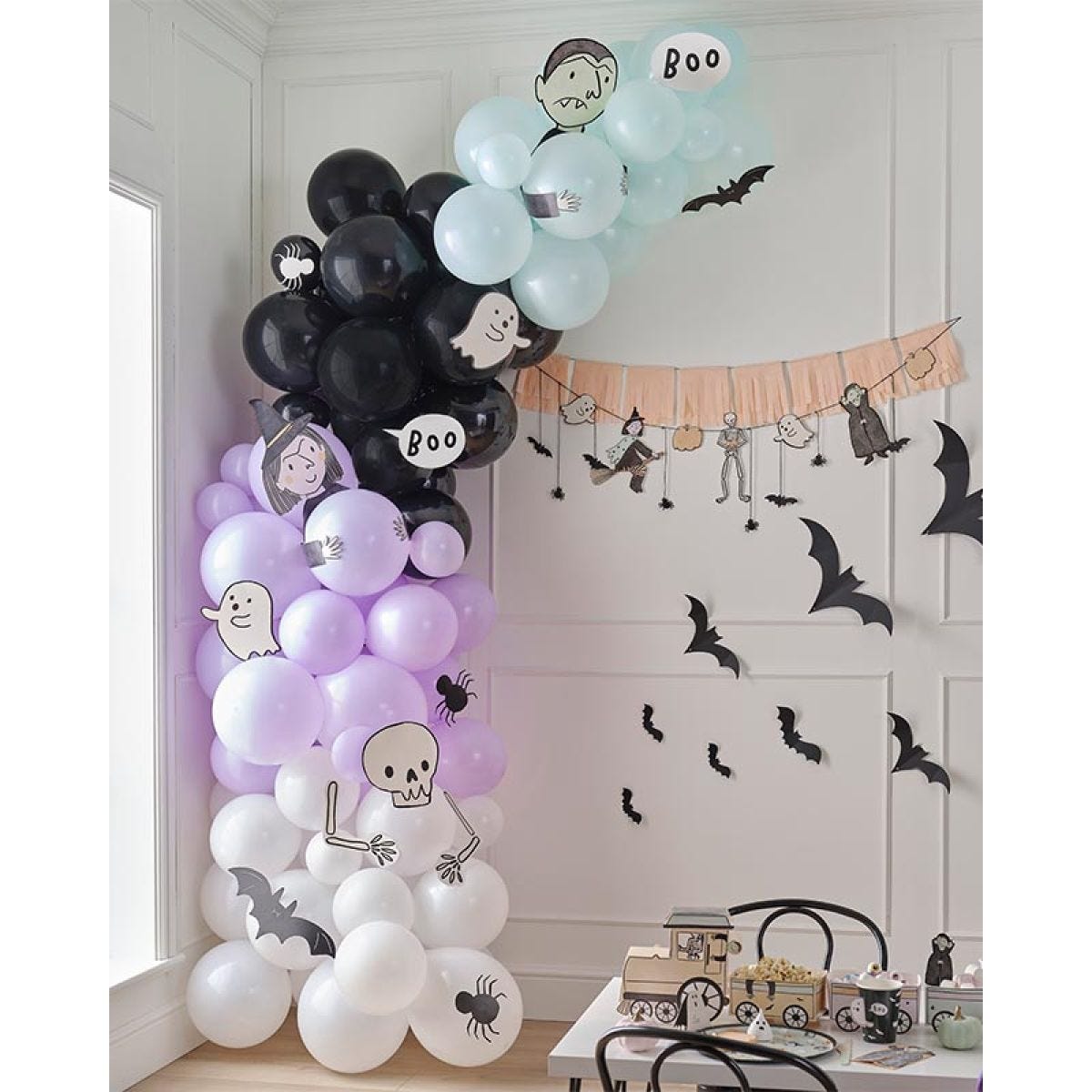 Multicoloured Halloween Balloon Arch with Card Characters