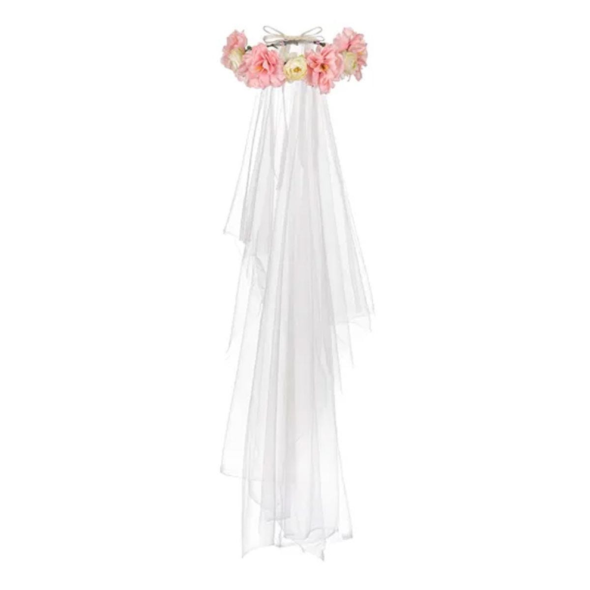 Pink Flower Crown with Cream Veil