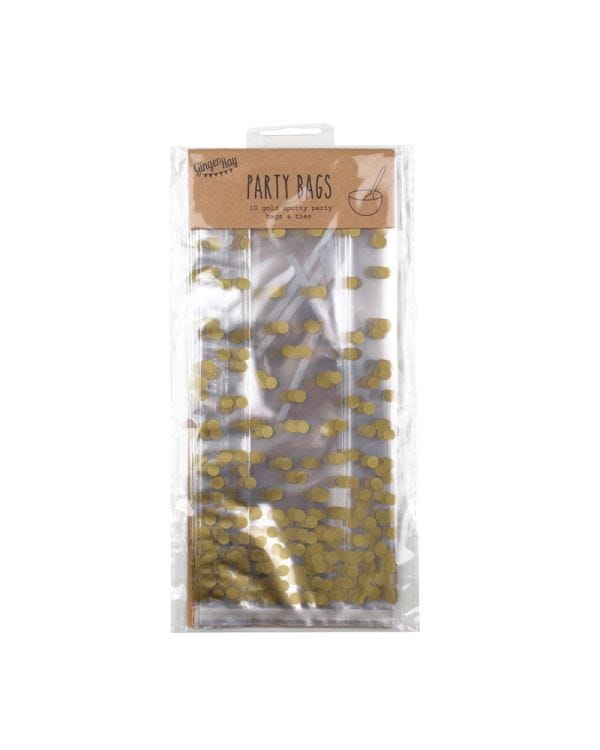 Gold Polka Dot Cellophane Party Bags - 24cm x 10cm (10pk)