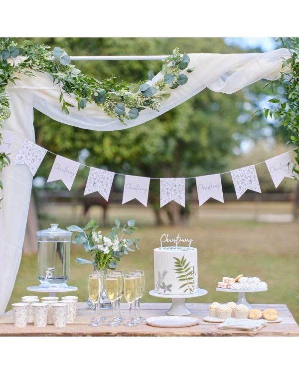 White &amp; Green Botanical Christening Paper Bunting - 2m