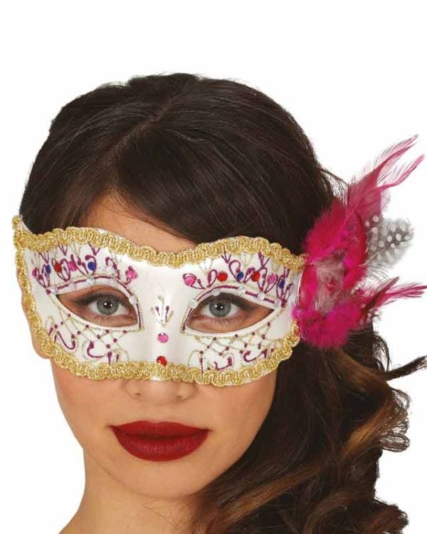 White &amp; Pink Feather Masquerade Mask