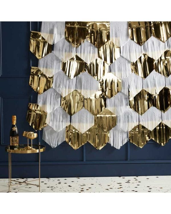 White &amp; Gold Fringe Tassle Backdrop - 2m