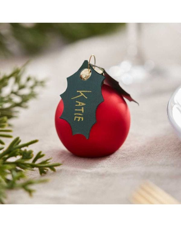 Red Berry Bauble Place Card Holders with Holly Leaf Tags - 4cm (6pk)