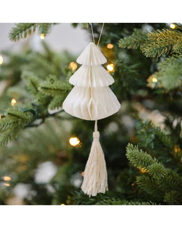Cream Honeycomb Trees Decorations with Macrame Tassels (4pk)