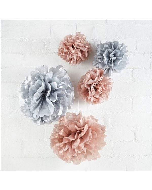 Rose Gold &amp; Grey Paper Pom Pom Decorations (5pk)