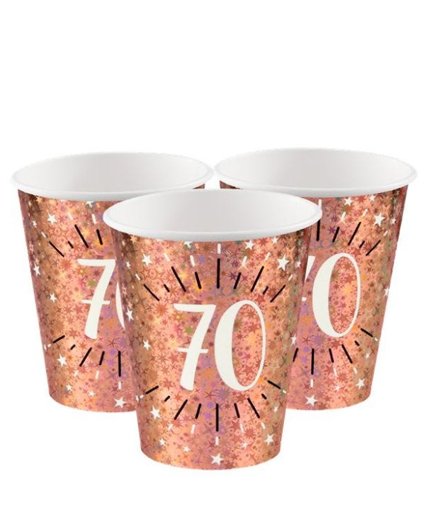 Sparkling Rose Gold 70th Paper Cups - 270ml (10pk)