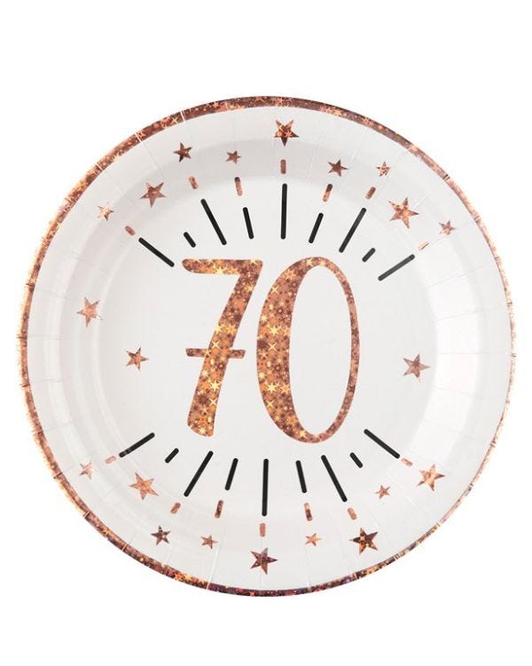 Sparkling Rose Gold 70th Paper Plates - 22.5cm (10pk)