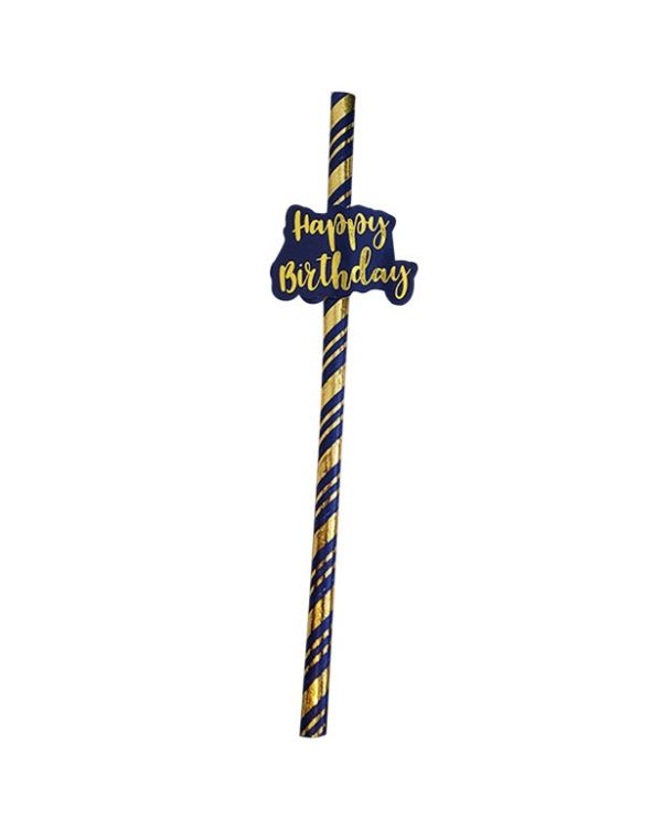 Navy &amp; Gold Happy Birthday Straws (6pk)