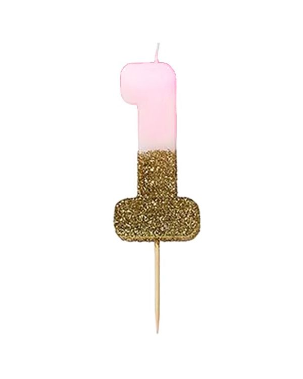 Pink and Gold Glitter Number 1 Candle - 7.7cm