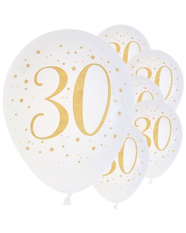 White &amp; Gold Sparkle 30th Balloon - 11&quot; Latex (8pk)
