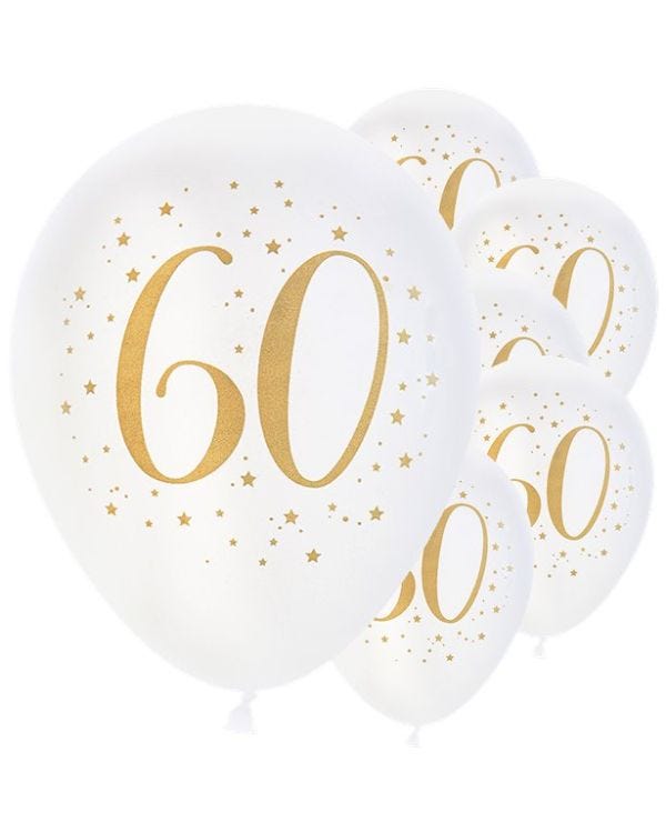 White &amp; Gold Sparkle 60th Balloons - 9&quot; Latex (8pk)