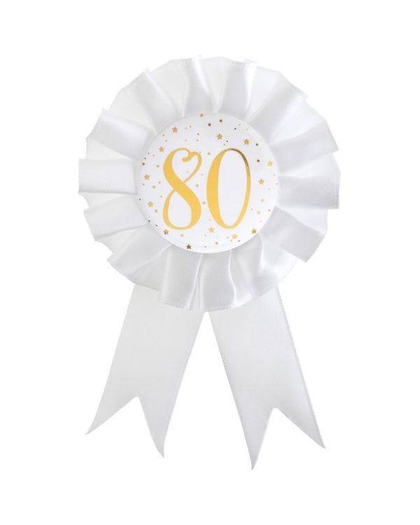 White &amp; Gold Sparkle 80th Rosette