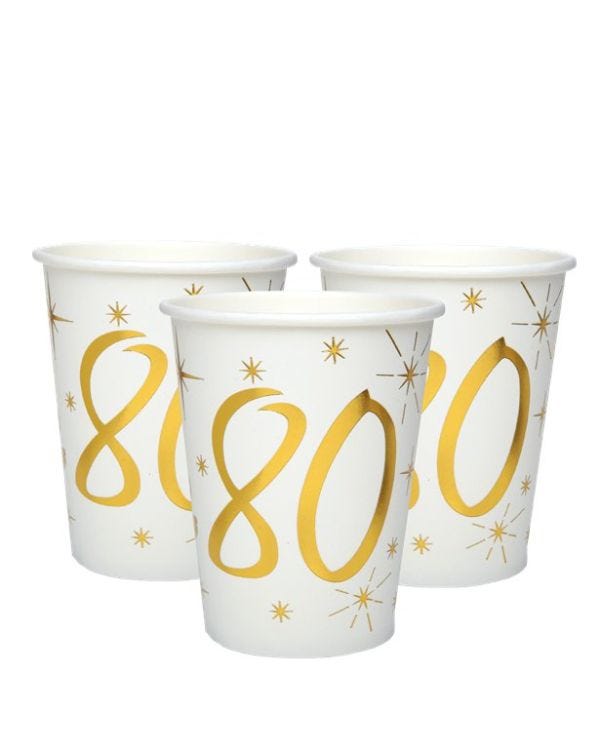 White &amp; Gold Sparkle 80th Paper Cups - 270ml (10pk)