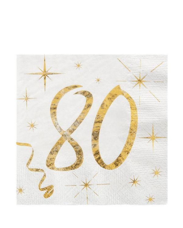 White &amp; Gold Sparkle 80th Paper Napkins - 25cm (20pk)