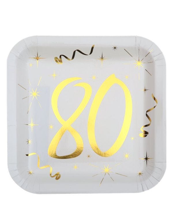 White &amp; Gold Sparkle 80th Paper Plates - 23cm (10pk)