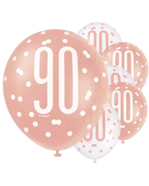 Rose Gold Glitz 90th Birthday Balloons - 12&quot; Latex (6pk)