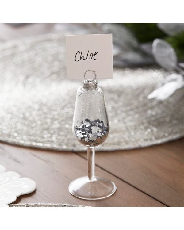 Silver Glitter Filled Wine Glass Place Card Holders (4pk)