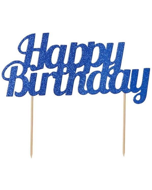 Blue Glitter Happy Birthday Cake Topper Blue