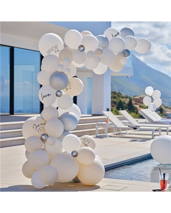 Hen Party White &amp; Silver Latex Balloon Arch With Streamers
