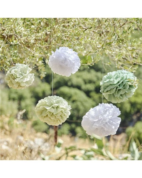 Green and White Paper Pom Pom Decorations (5pk)