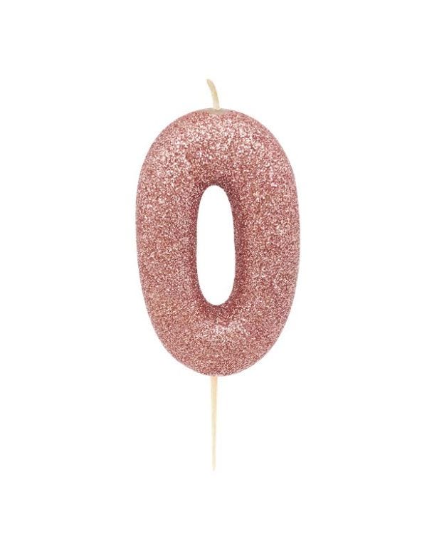 Rose Gold Glitter Number 0 Candle - 7cm