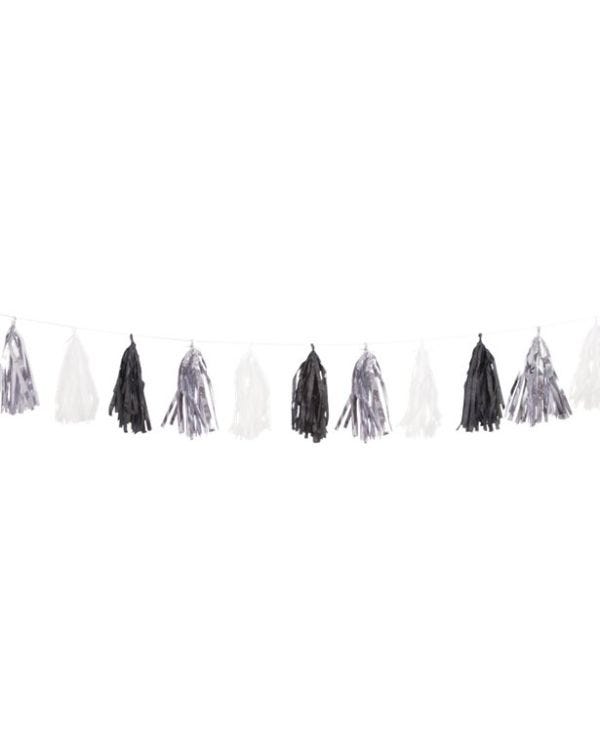 Black, Silver &amp; White Tassel Garland Decoration - 2.7m