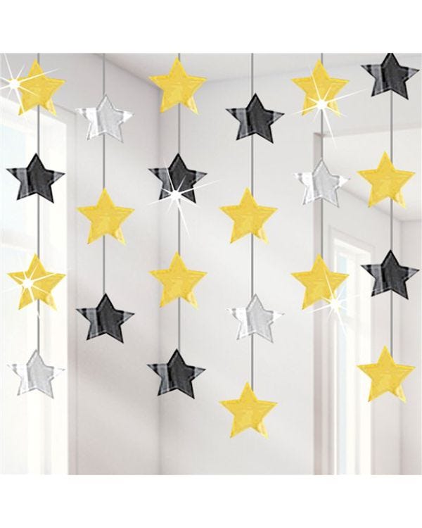 Gold Silver &amp; Black Star Hanging Strings Decoration - 2.1m (6pk)