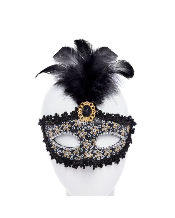 Black Glittery Masquerade Mask with Tall Feather &amp; Gem