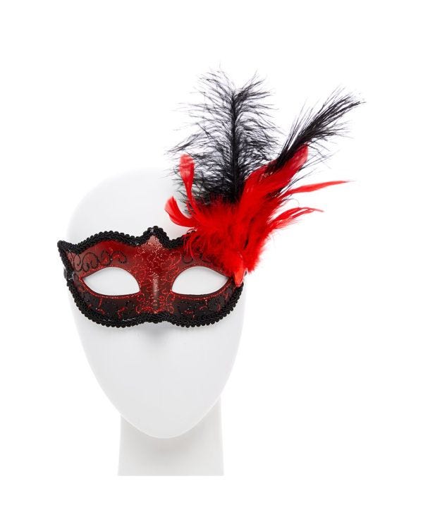Red Masquerade Mask with Glitter &amp; Feathers